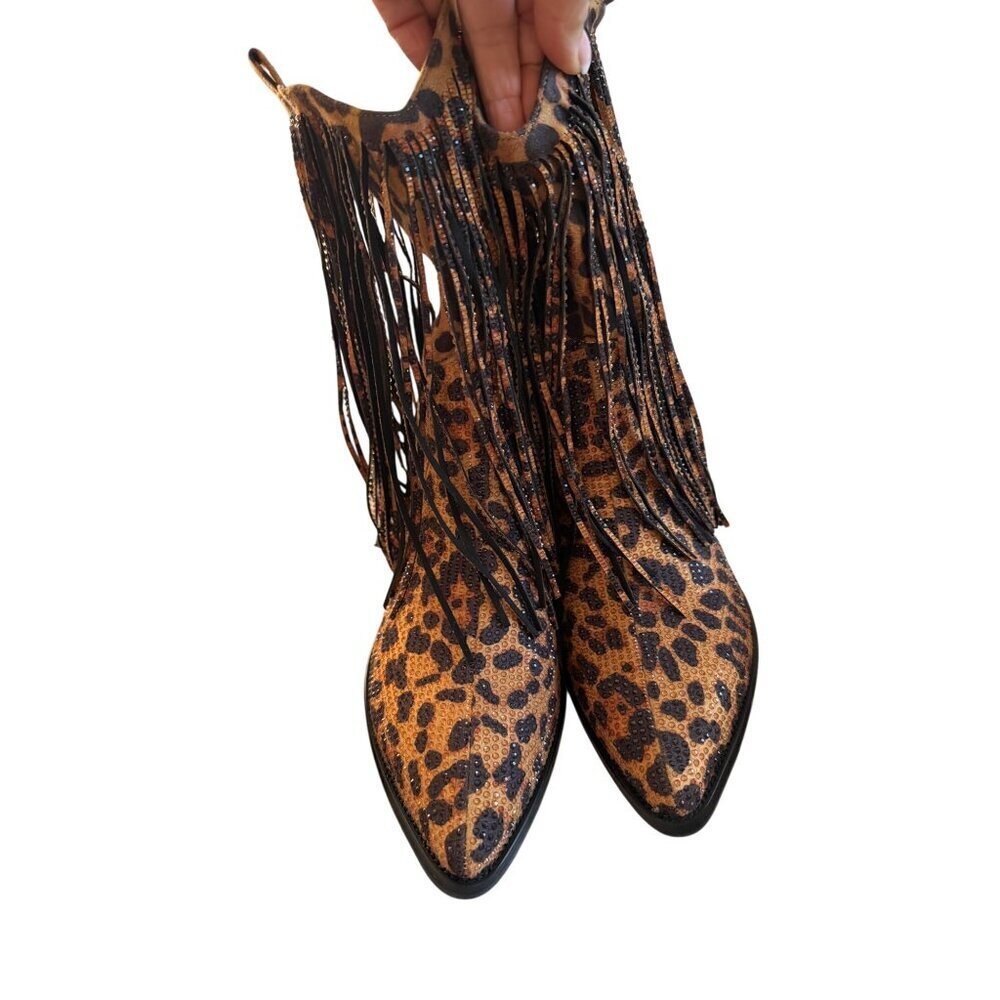 Ouepiano Womens Cowboy Boots Size 8.5 Leopard  Rhinestone Fringe Coachella New - Picture 8 of 16